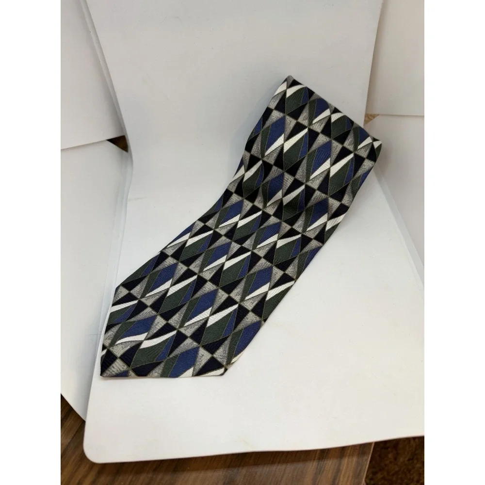 Bachrach Mens Silk Tie Handmade Italy Geometric Diamond Green Blue Grey Wide 4in